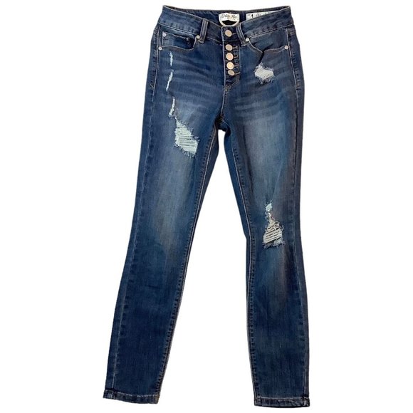 Indigo Rein Jeans Ankle Skinny Button-Fly Blue Mid Rise Stretch Womens Size 1 - Picture 1 of 12